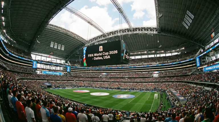 AT&T Stadium in Arlington, Texas exterior view showing the distinctive retractable roof structure hosting World Cup 2026 football matches