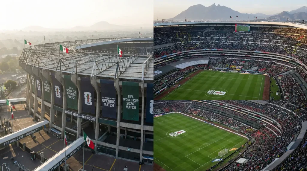 Estadio Azteca in Mexico City panoramic view showing the historic football stadium configured for World Cup 2026 opening match with full capacity crowd