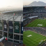 Estadio Azteca in Mexico City panoramic view showing the historic football stadium configured for World Cup 2026 opening match with full capacity crowd