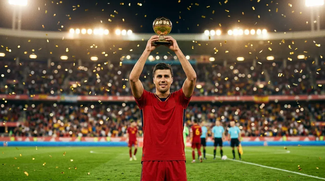 Rodri of Spain holding the World Cup 2026 Golden Ball award trophy on the pitch