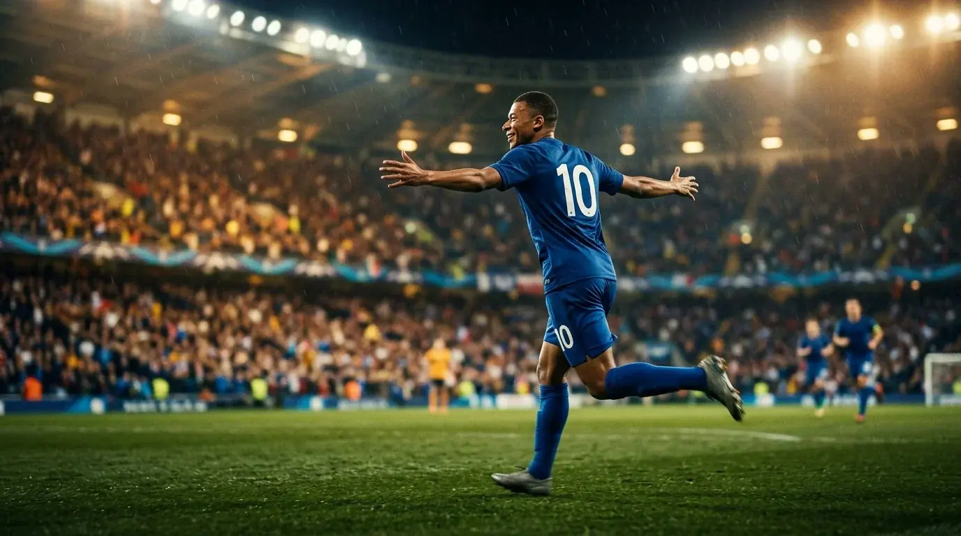 Kylian Mbappé of France celebrating a goal at the World Cup 2026, arms outstretched