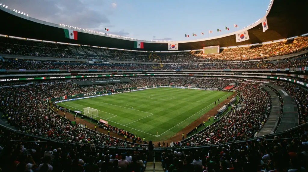 World Cup 2026 Group A analysis featuring Mexico, South Korea, South Africa and Czech Republic with stadium background
