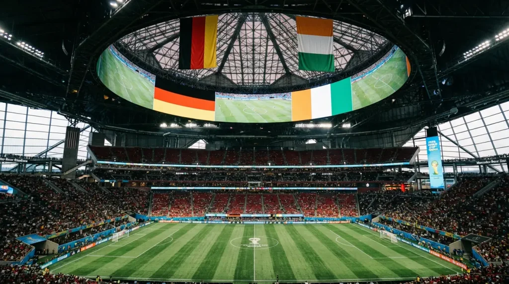 World Cup 2026 Group E featuring Germany, Côte d'Ivoire, Ecuador and Curaçao with Mercedes-Benz Stadium Atlanta background