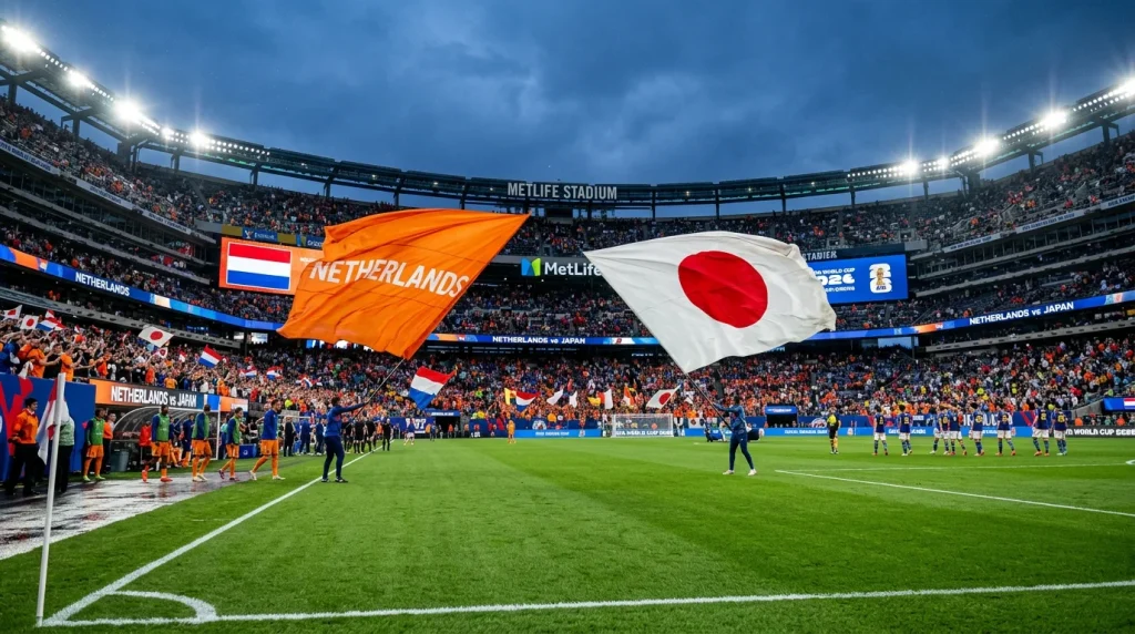 World Cup 2026 Group F analysis featuring Netherlands and Japan flags with match data overlay