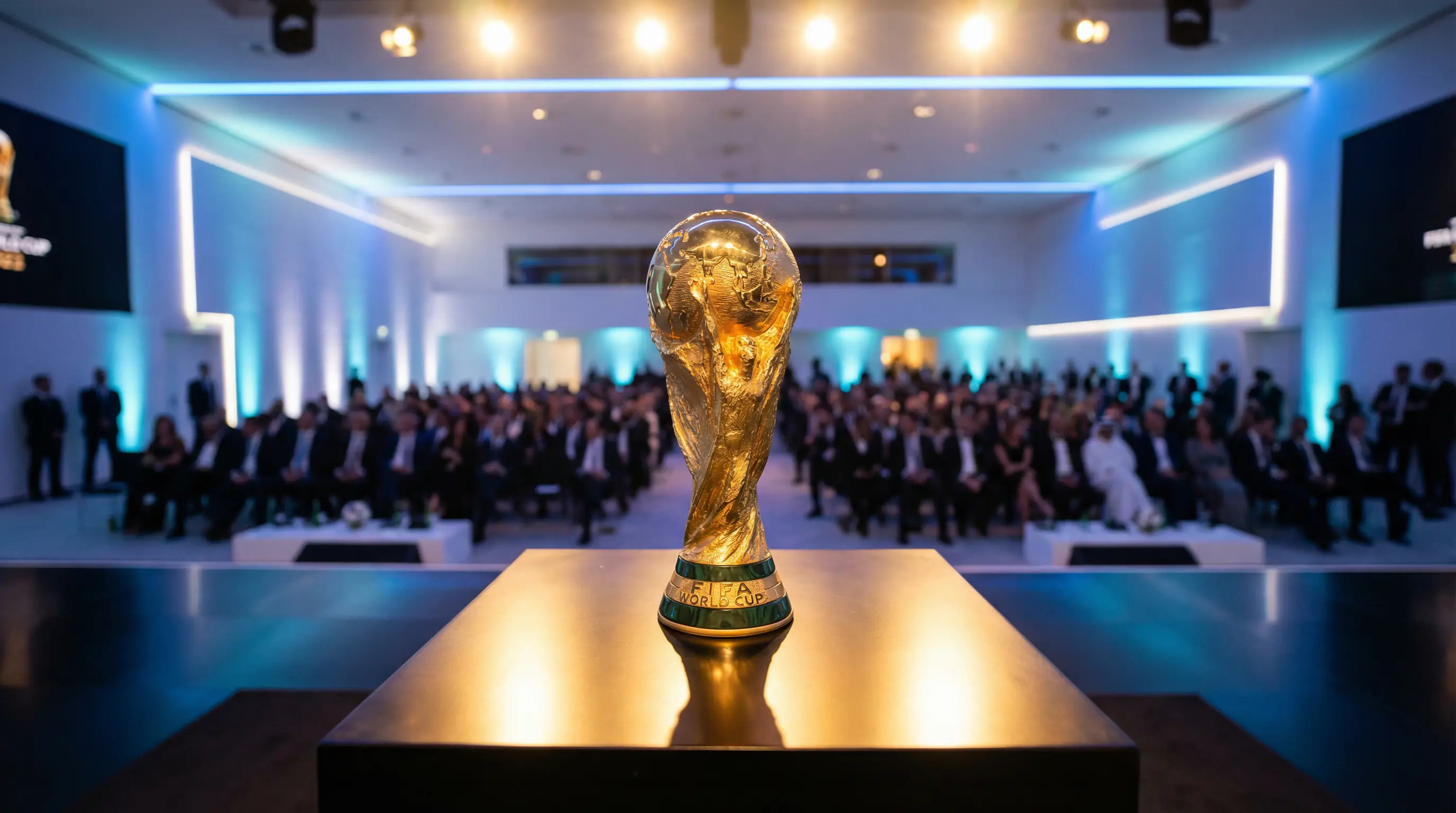 Official FIFA World Cup trophy displayed on a podium during the group stage draw ceremony