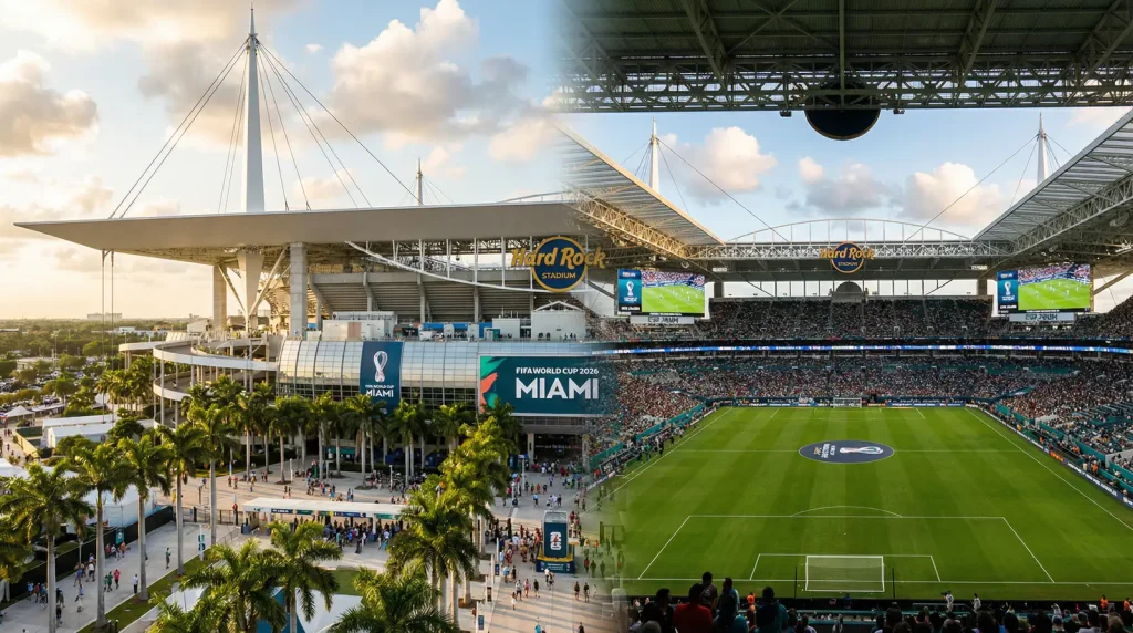 Hard Rock Stadium in Miami Gardens, Florida, configured for World Cup 2026 football matches with expanded seating and natural grass surface
