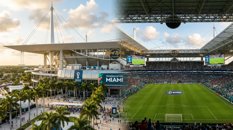 Hard Rock Stadium in Miami Gardens, Florida, configured for World Cup 2026 football matches with expanded seating and natural grass surface