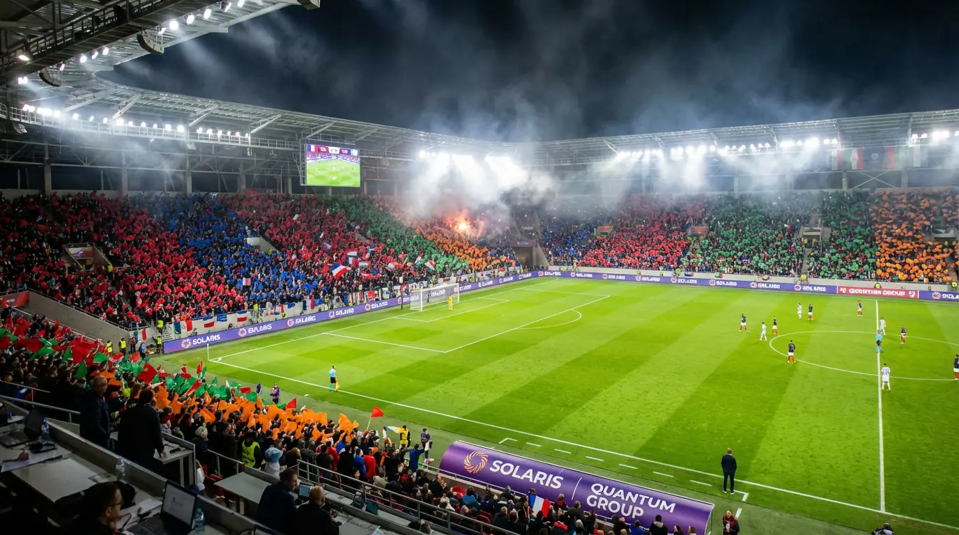 Packed World Cup 2026 stadium during a night match with fans waving flags