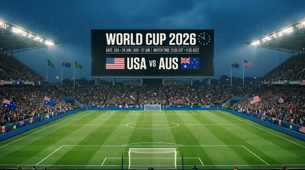 World Cup 2026 match schedule calendar showing all 104 fixtures converted to Australian Eastern Standard Time with colour-coded viewing windows