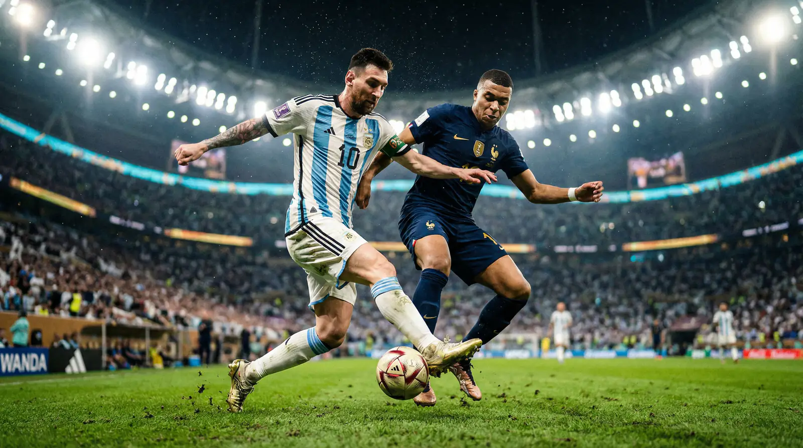 Football players from Argentina and France competing for the ball during an international match
