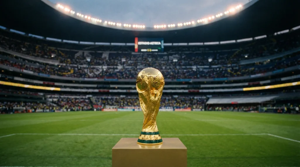 World Cup trophy with betting odds data overlay showing favourite nations for 2026