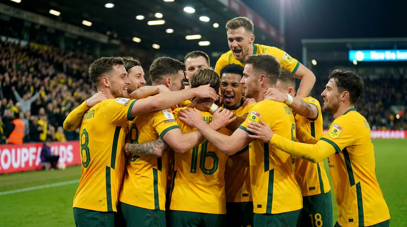 Australian Socceroos players in gold jerseys celebrating during a World Cup qualifier