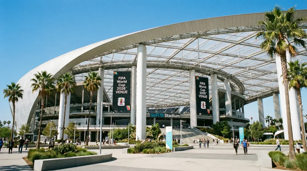 SoFi Stadium in Inglewood Los Angeles, World Cup 2026 venue featuring its distinctive canopy roof structure