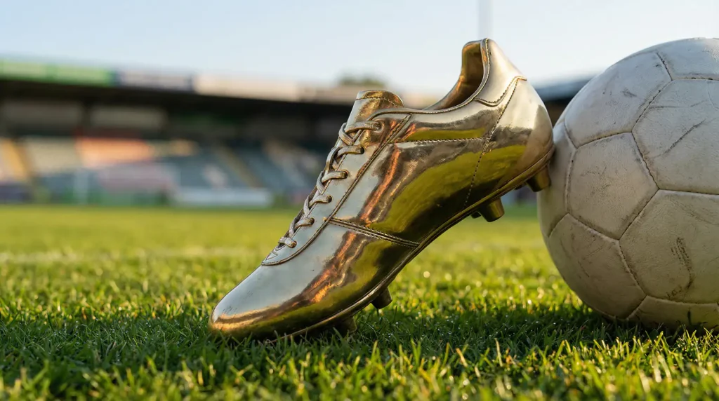 Golden Boot trophy with statistical overlay showing top scorer candidates for 2026 World Cup
