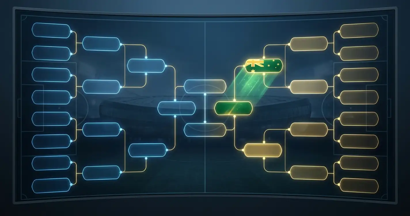 World Cup 2026 Round-of-32 bracket filling in with Australia highlighted in green and gold