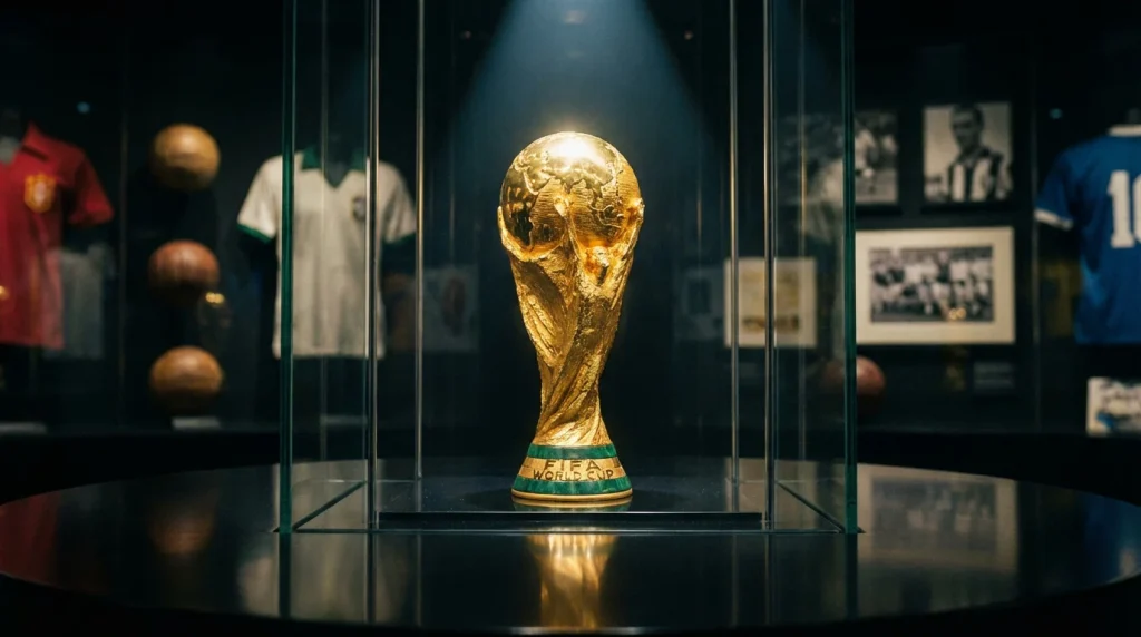 Historical World Cup timeline with statistical data points and trophy imagery from 1930 to present