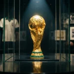 Historical World Cup timeline with statistical data points and trophy imagery from 1930 to present